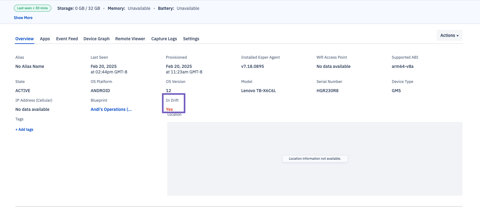 device overview tab in blueprints showing the device is now in drift.png