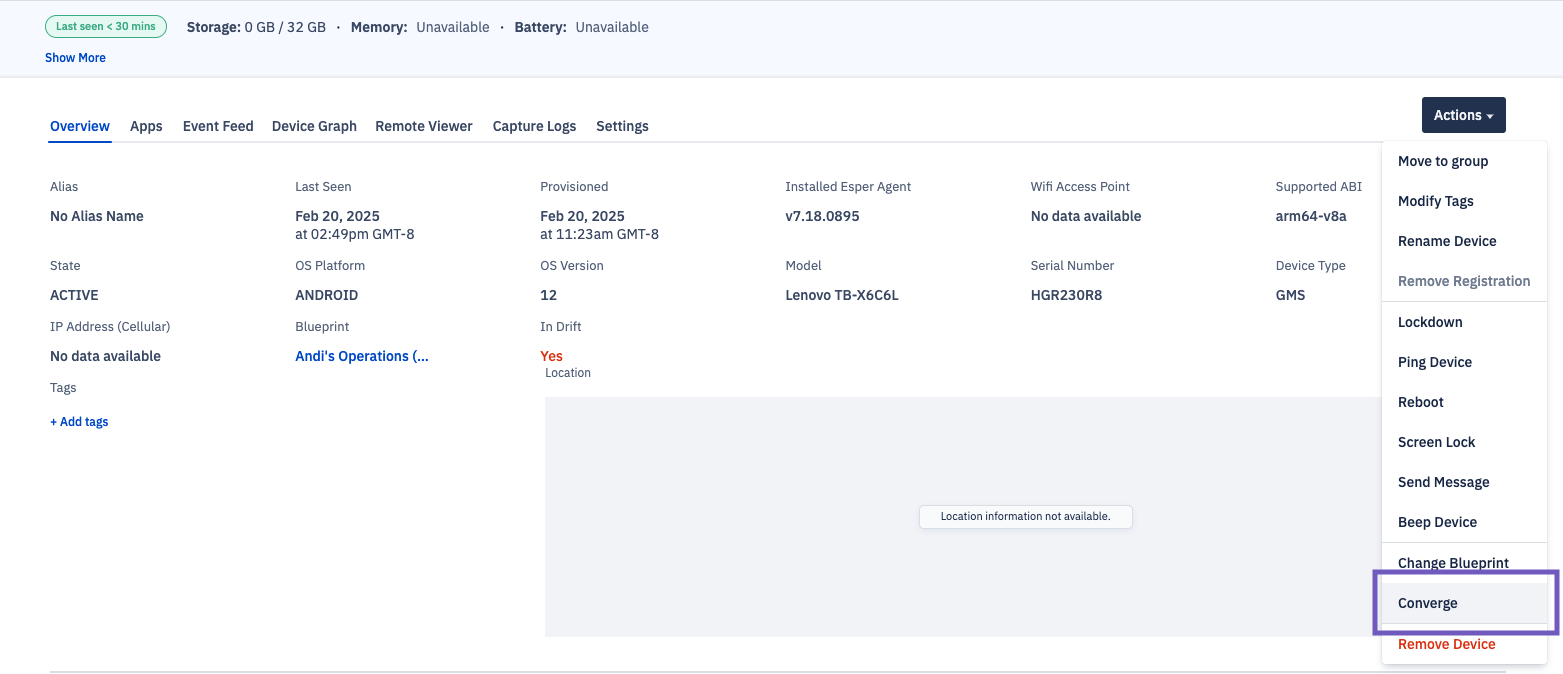 converge selected from Actions button dropdown in device overview tab.png