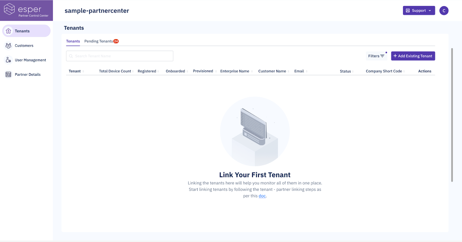 A control center without any linked tenants. There are sections for tenants, customers, user management and partner details. 