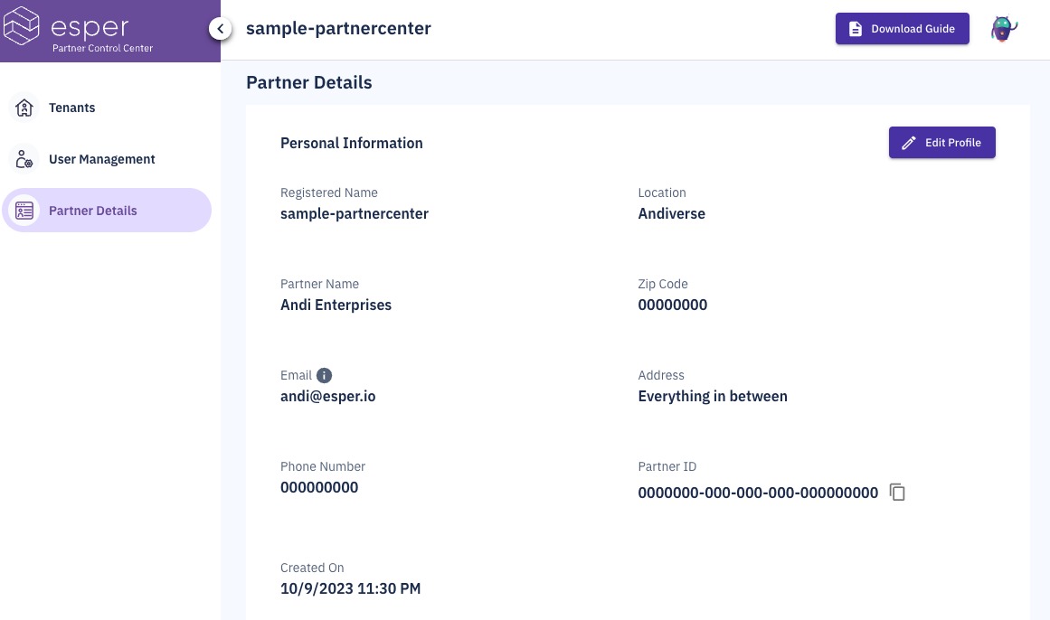 partner details page with company information such as address, partner id, and phone number