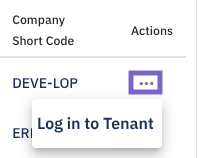 actions column with ellipsis clicked and log in to tenant selected.