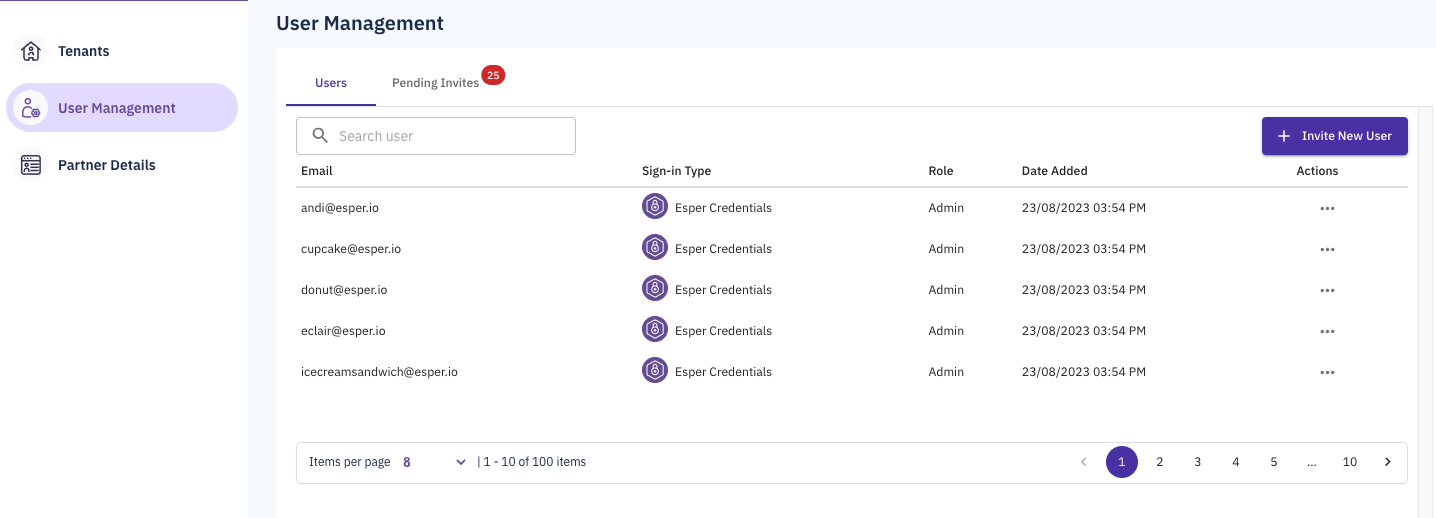 user management selected in the pcc with some users in the active users tab and a notification for pending invites.