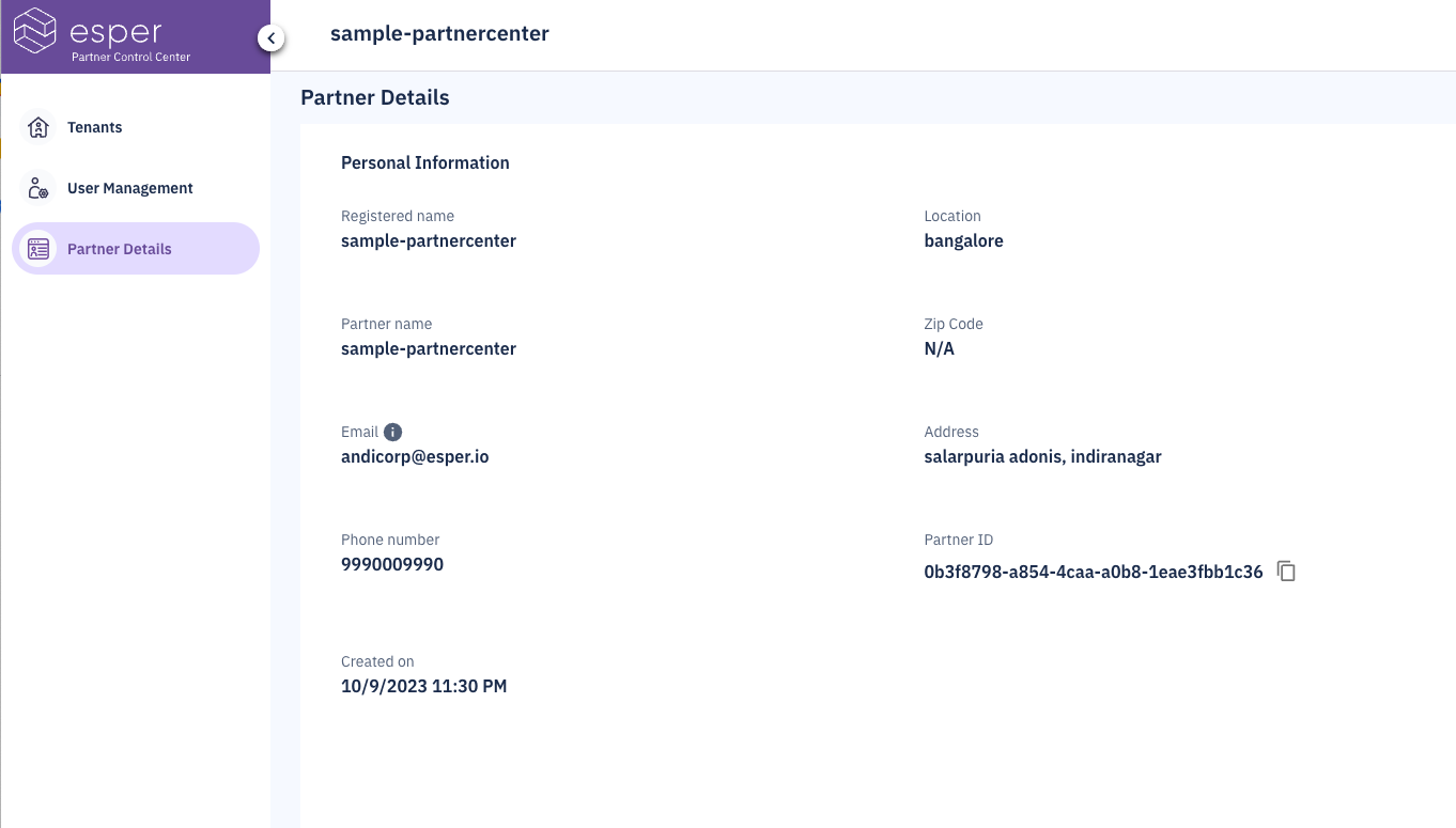 partner control center in the partner details section. Partner ID is visible.