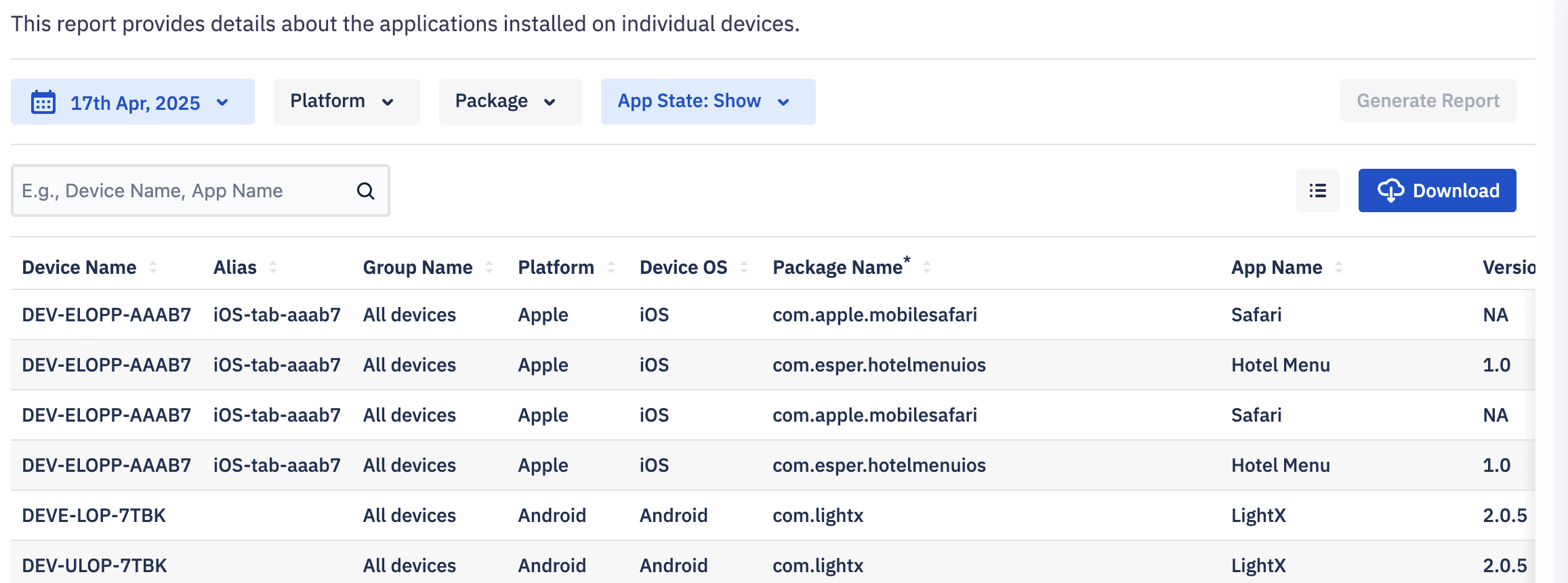 a generated app report with android and ios devices.png