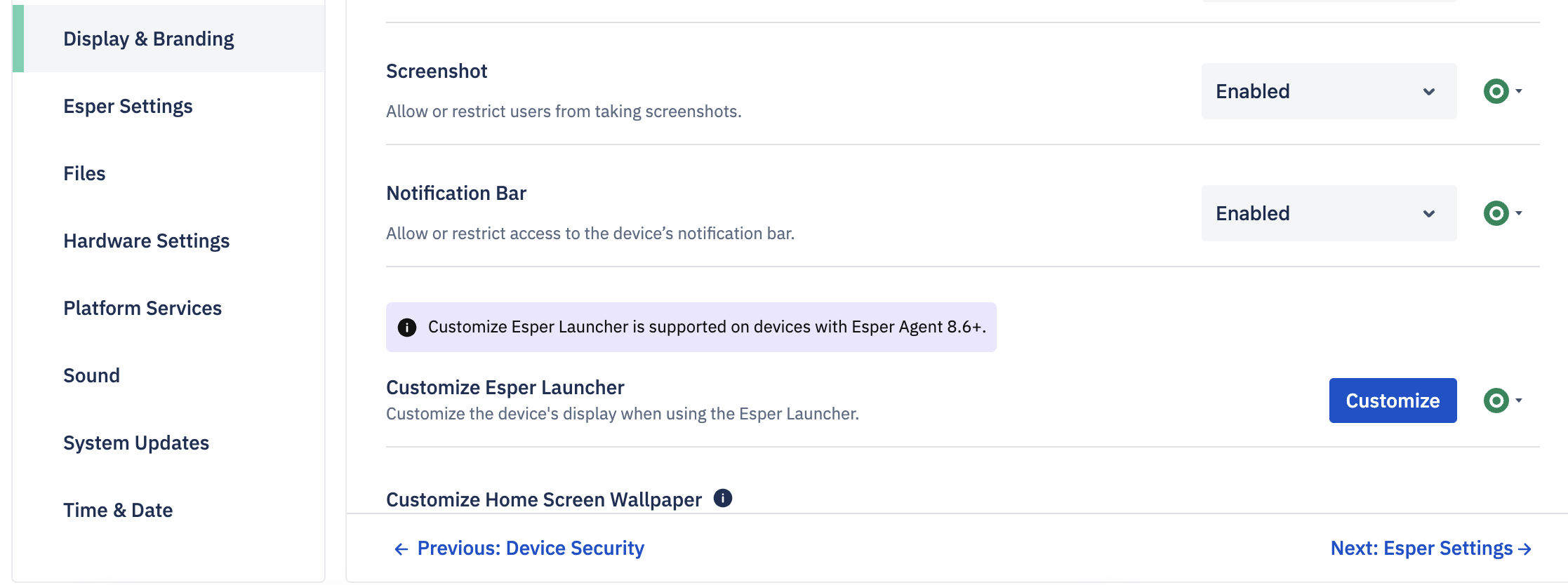 customize esper launcher in display and branding section.png