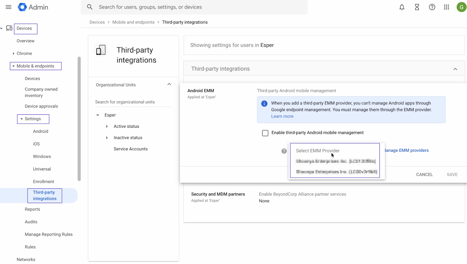 Screenshot of the Esper Console’s Play Store view showing the 'Upgrade for free' link highlighted, used to start upgrading an existing account to a Managed Google Domain.