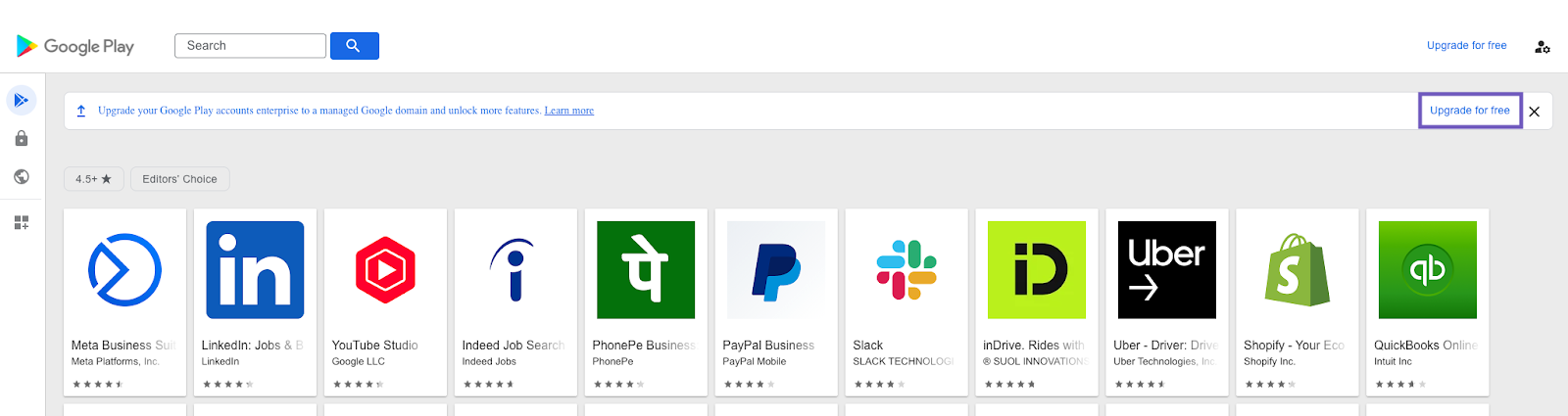 Screenshot of the Esper Console’s Apps section with the 'Click to Enroll' button for Google Play for Work highlighted, indicating where to start legacy enrollment.