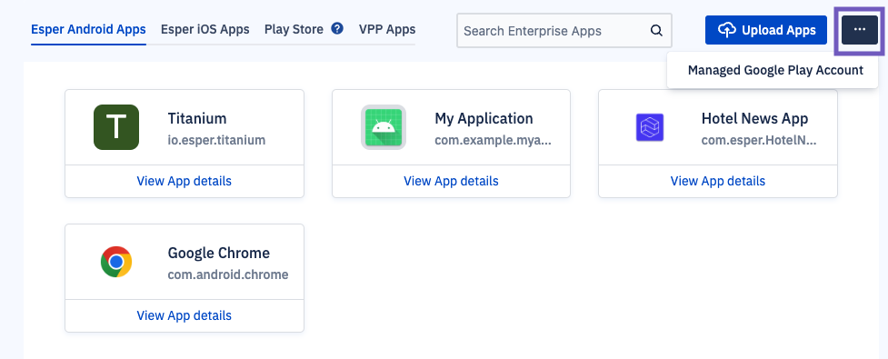 Screenshot of the Esper Console’s Managed Google Play Account details pop-up, displaying Google Enterprise ID, updated date, and registration name.