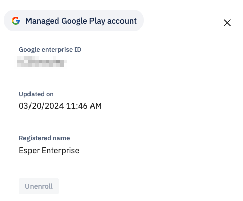 Screenshot of Google Play Admin Settings with the 'Organization Information' section expanded and a vertical ellipsis menu open, showing the 'Delete Organization' option for unsubscribing.
