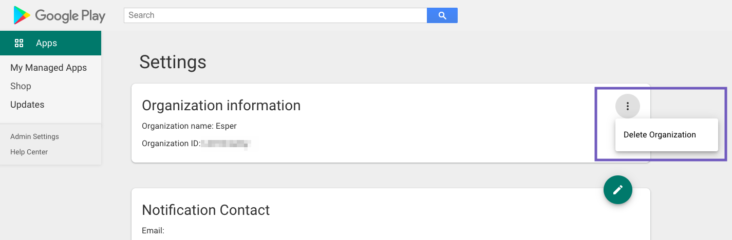 Screenshot of Google Play Admin Settings with the 'Organization Information' section expanded and a vertical ellipsis menu open, showing the 'Delete Organization' option for unsubscribing.