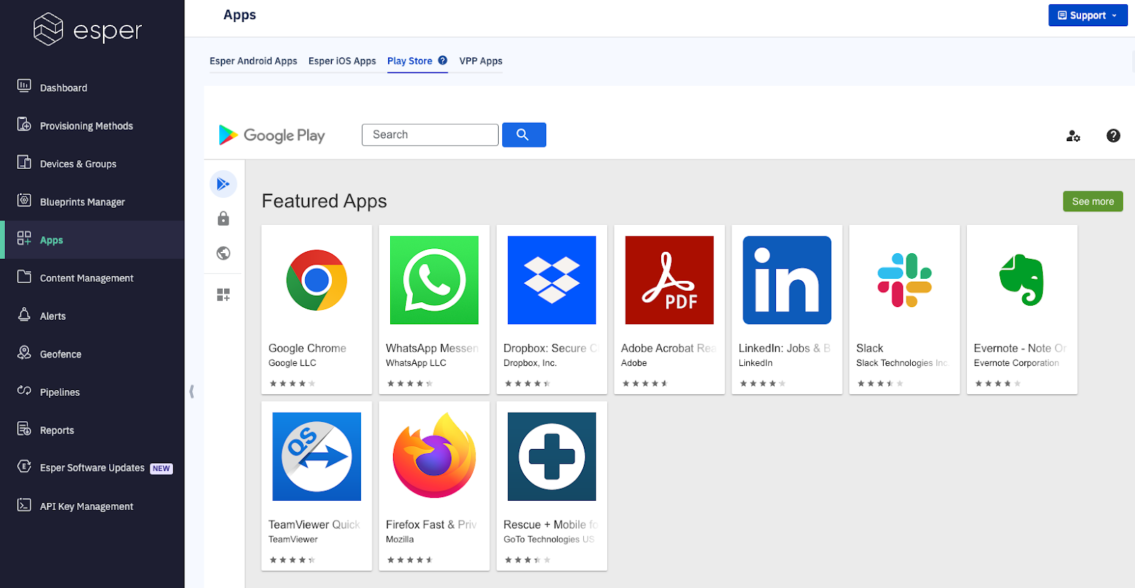 Screenshot of the Esper Console showing the 'Apps' menu with the 'Play Store' option highlighted, indicating where to begin the Google Play for Work enrollment process.