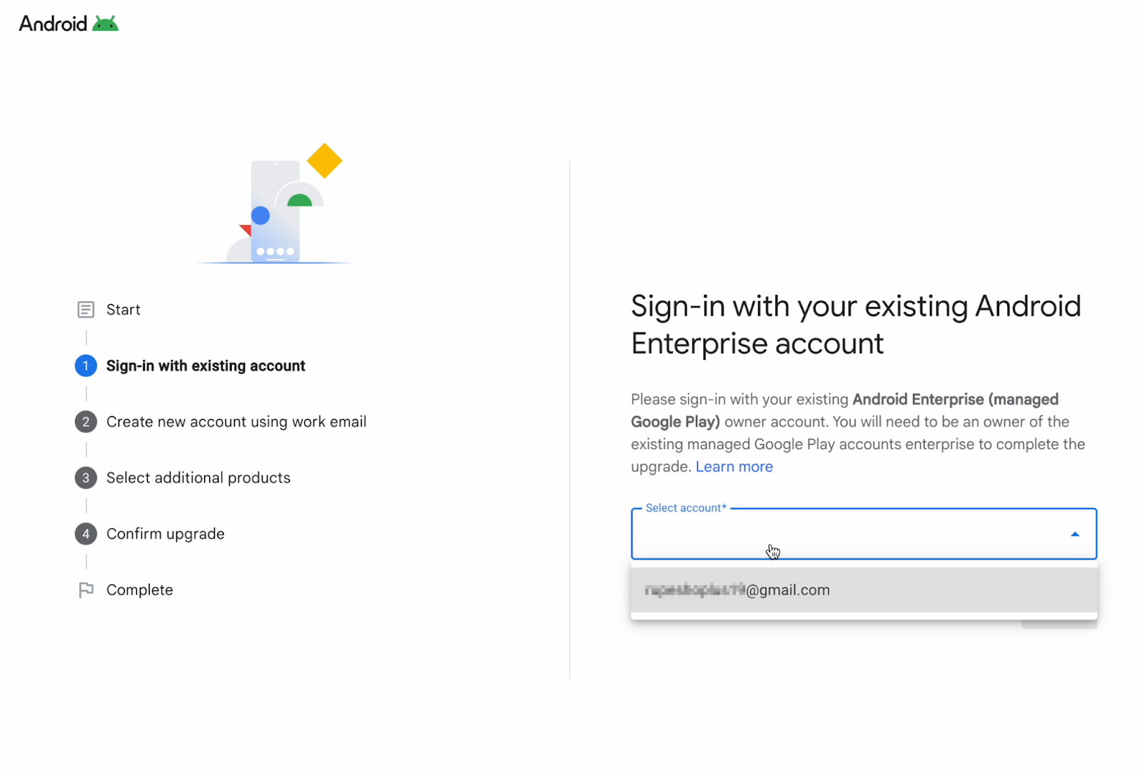 Screenshot of Google’s Managed Google Play sign-up page with the 'Getting Started' button visible, showing the beginning of the legacy enrollment process.