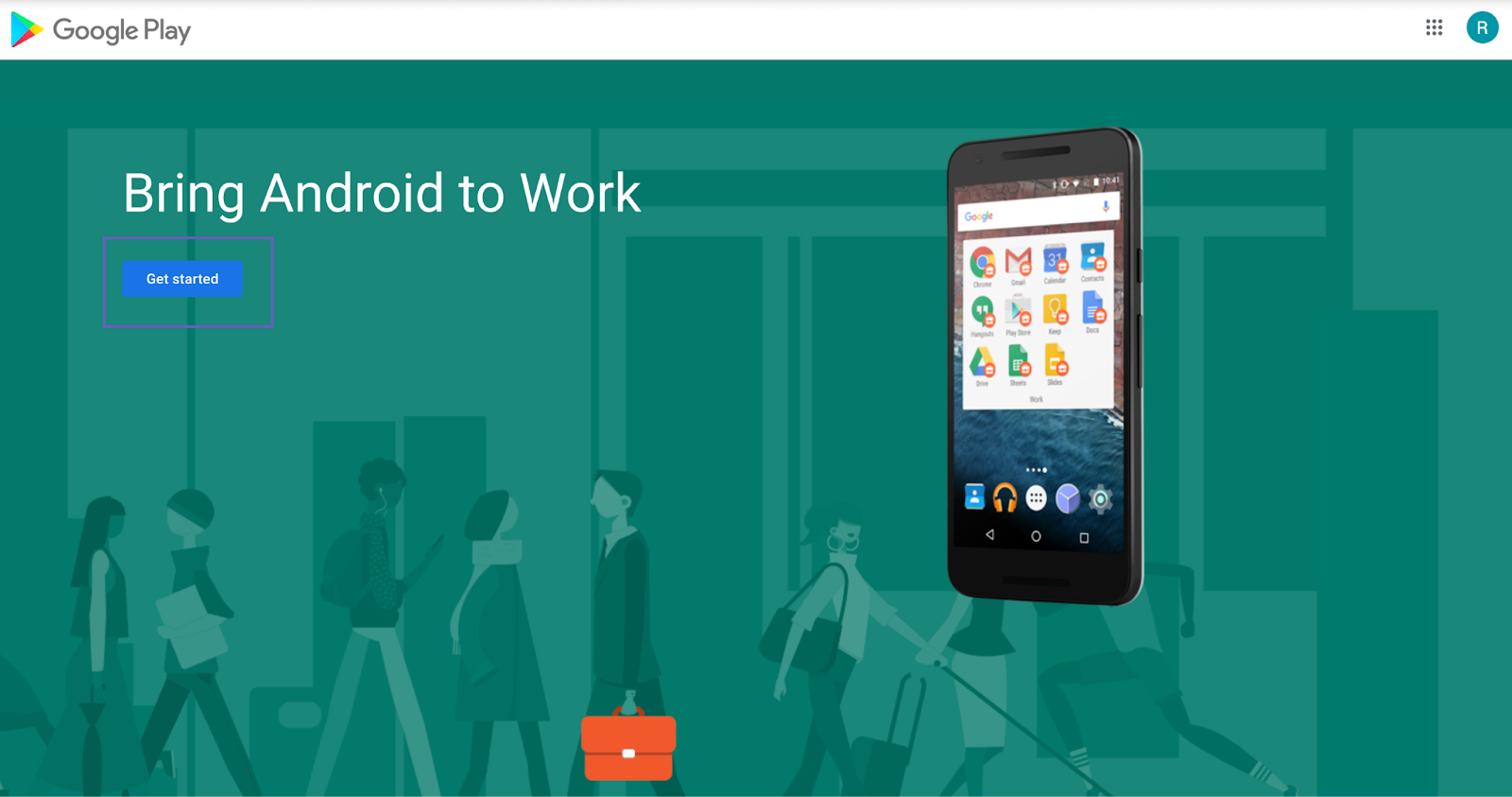 Screenshot of Google’s Managed Google Play sign-up page with the 'Getting Started' button visible, showing the beginning of the legacy enrollment process.