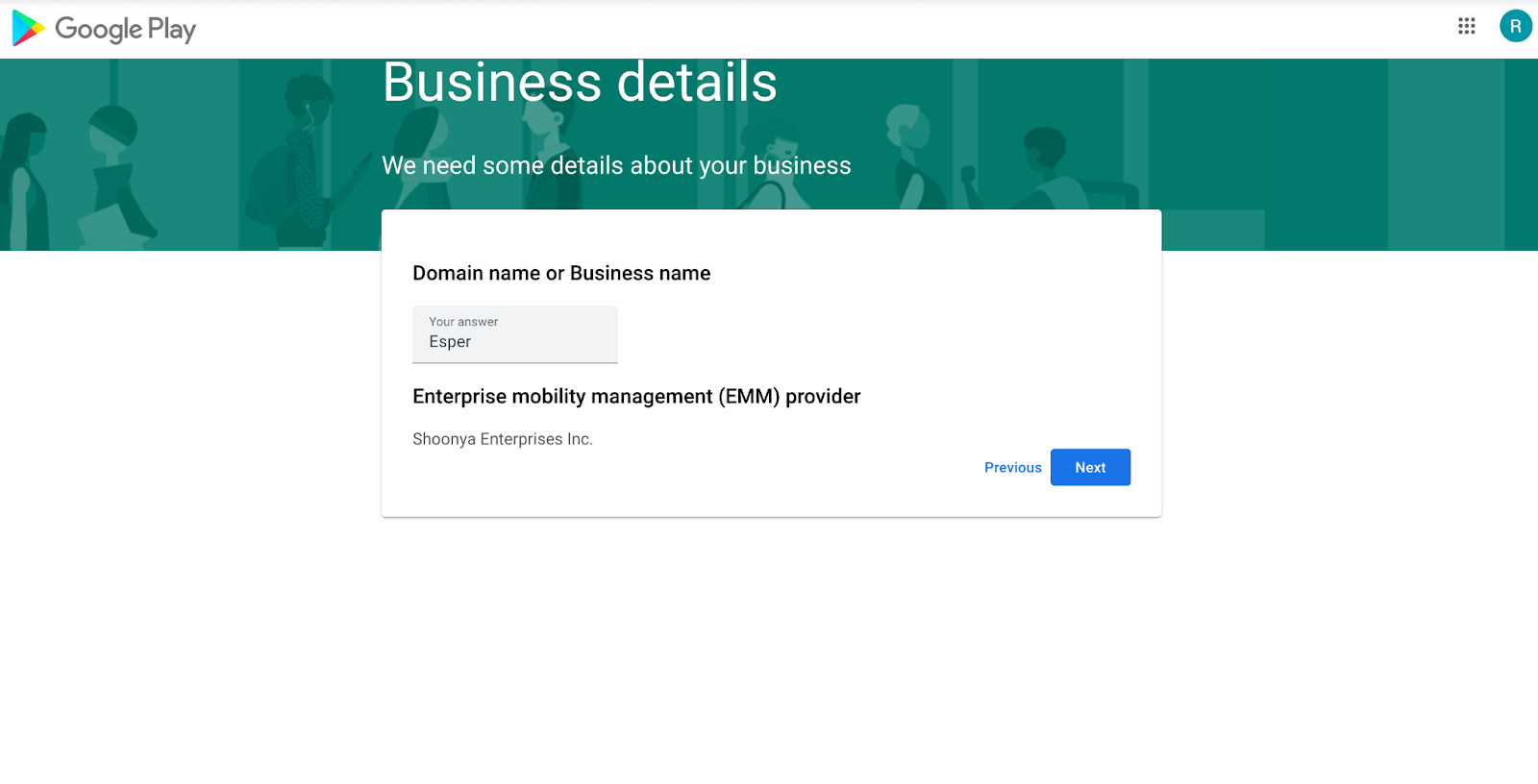 Screenshot of the Esper Console’s blueprint settings page with 'Managed Google Play' toggle enabled in Platform Services, showing how to enroll devices.