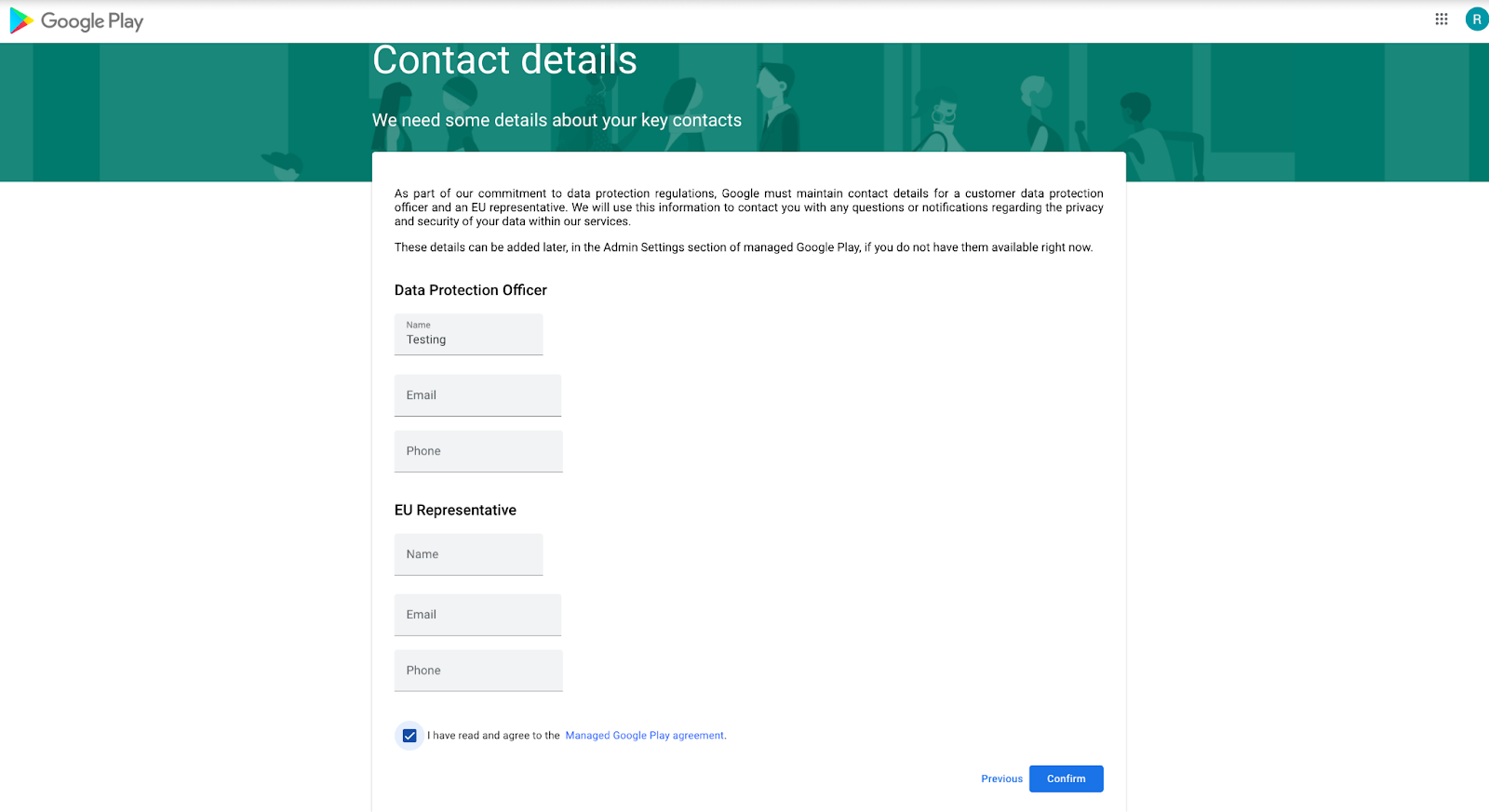 Screenshot of the Esper Console’s Managed Google Play Account details pop-up, displaying Google Enterprise ID, updated date, and registration name.
