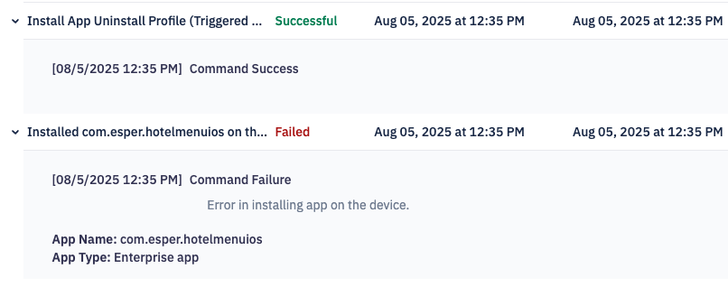 event feed with failed and success messages and error explaination when expanded.png