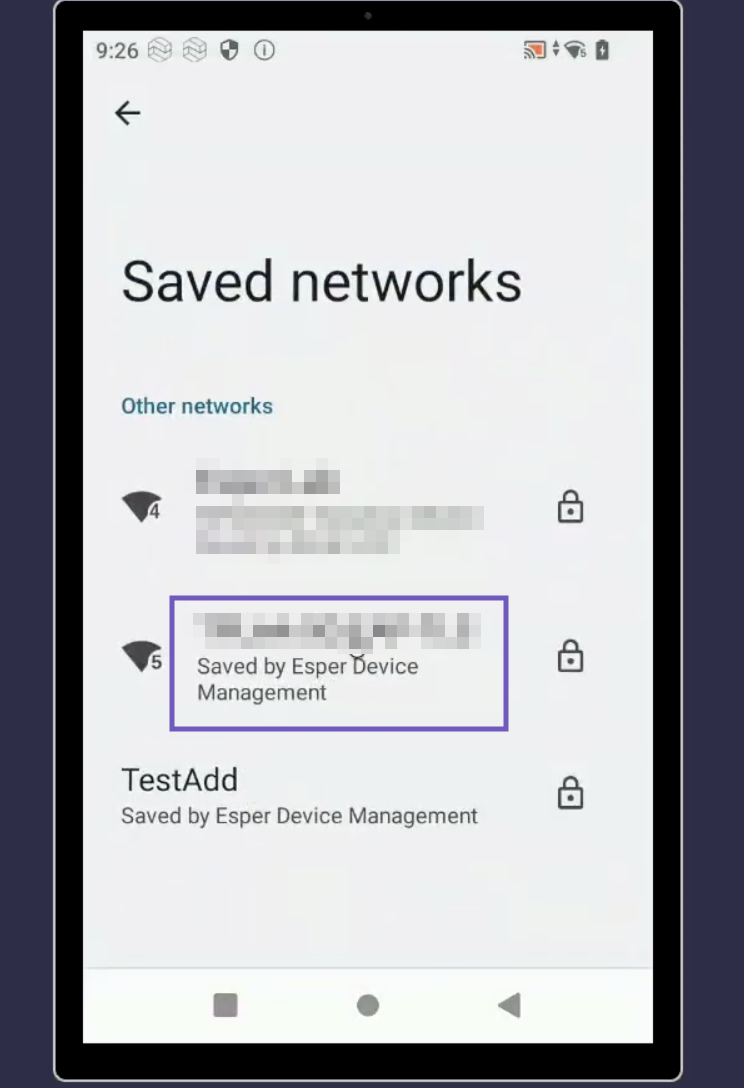 image of a device screen with saved networks. the newly added certificate wifi is highlighted. It has text below saying is is saved my esper device management.png