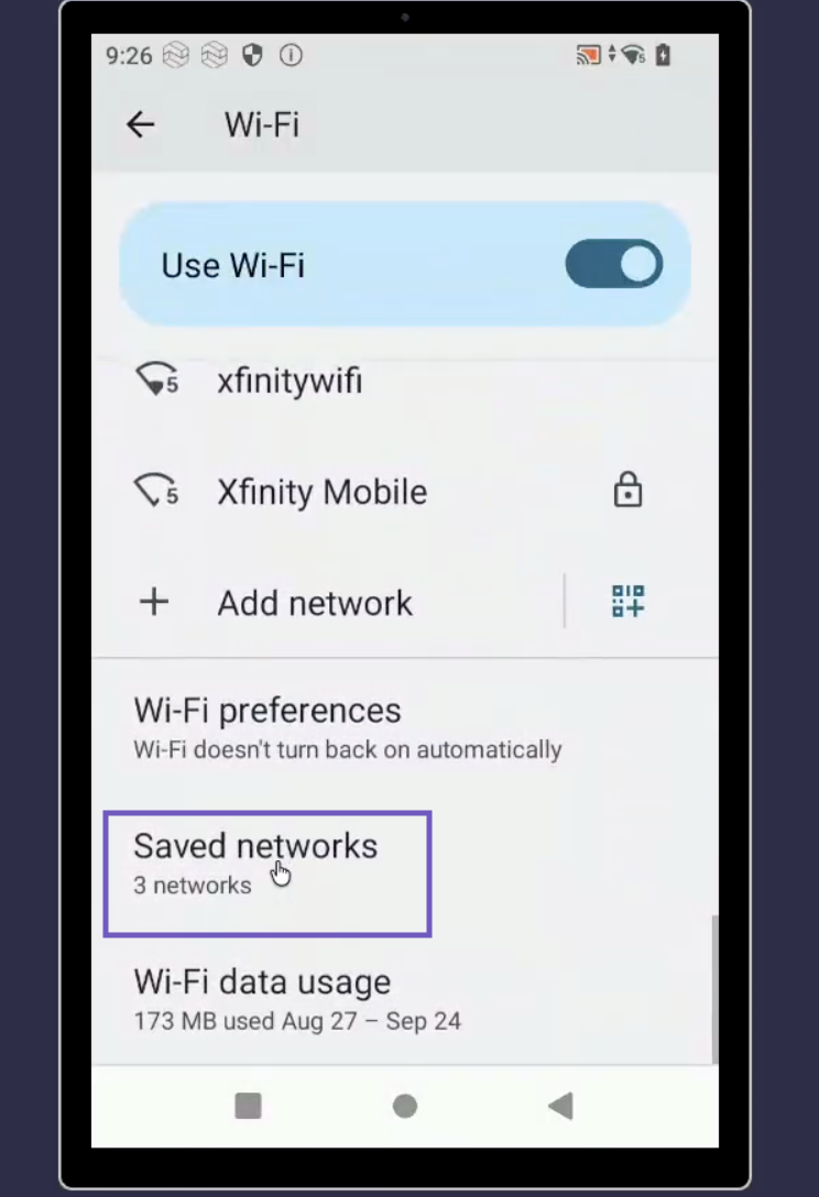 image of a device screen's wifi with wi-fi networks. Saved networks is highlighted.png