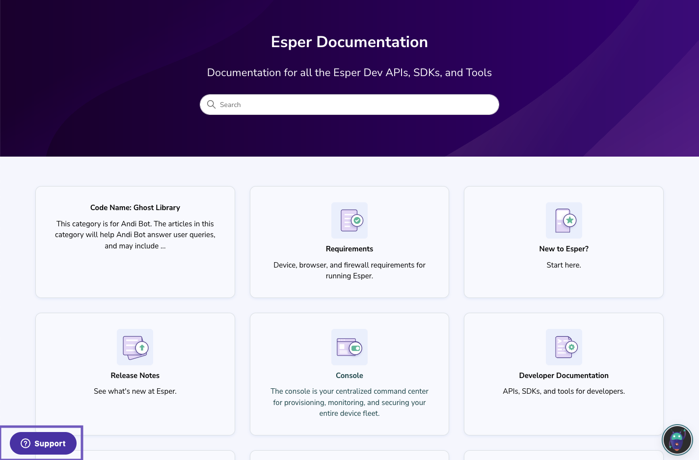 the esper documentation page with the support button highlighted.png