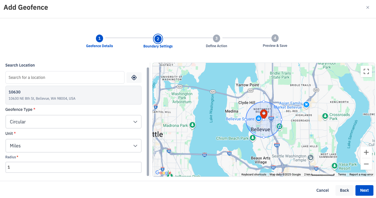 Add Geofence screen with a 1-mile circular geofence centered at 10630 NE 8th St, Bellevue, WA, displayed on a map with a blue boundary circle