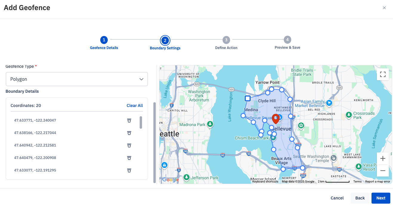 “Add Geofence screen showing a polygon-type geofence with multiple coordinate points around Bellevue and Seattle on the map, and a list of latitude-longitude coordinates on the left.”