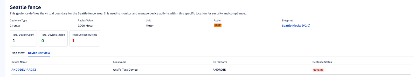 “Geofence details page showing ‘Seattle fence’ configuration with a circular geofence of 1000 meters radius, one device outside the boundary, and an assigned ‘BEEP’ action.”