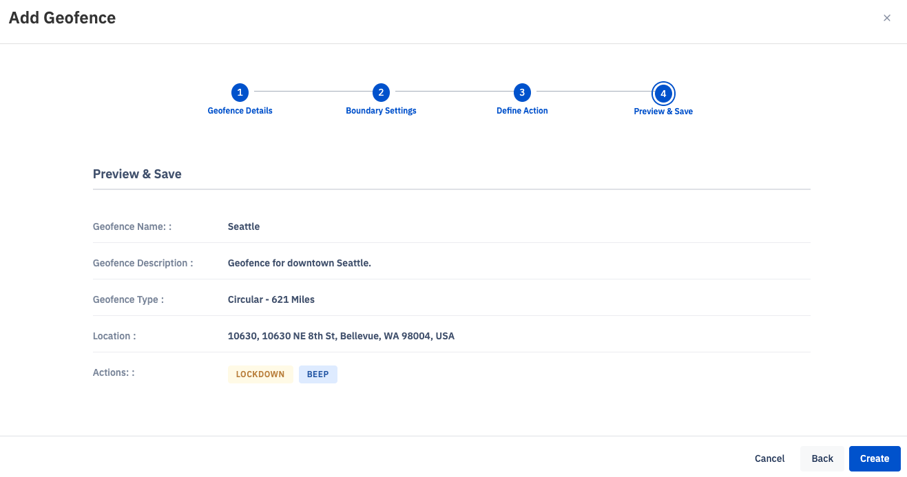 Add Geofence window displaying preview and save step for a geofence named ‘Seattle’ with a circular boundary of 621 miles, actions set to Lockdown and Beep, and location at 10630 NE 8th St, Bellevue, WA.