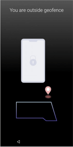  Alt text: “Device screen displaying a message ‘You are outside geofence’ with a lock icon on the phone graphic, indicating the device is locked outside the geofence boundary.”