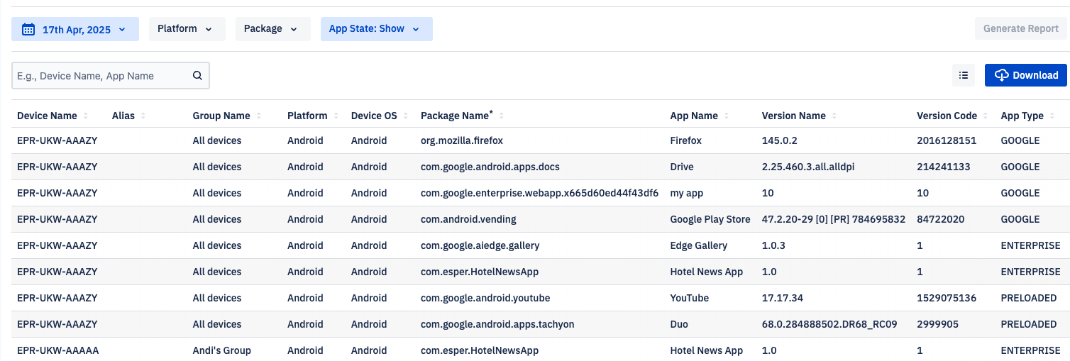 device app report with device, group, app, version, code and other information in a report form.png
