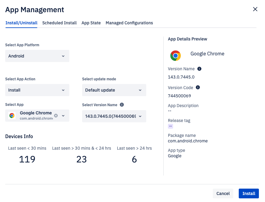 google chrome selected with the install action. there are 119 devices seen in the last 30 minutes in this group..png