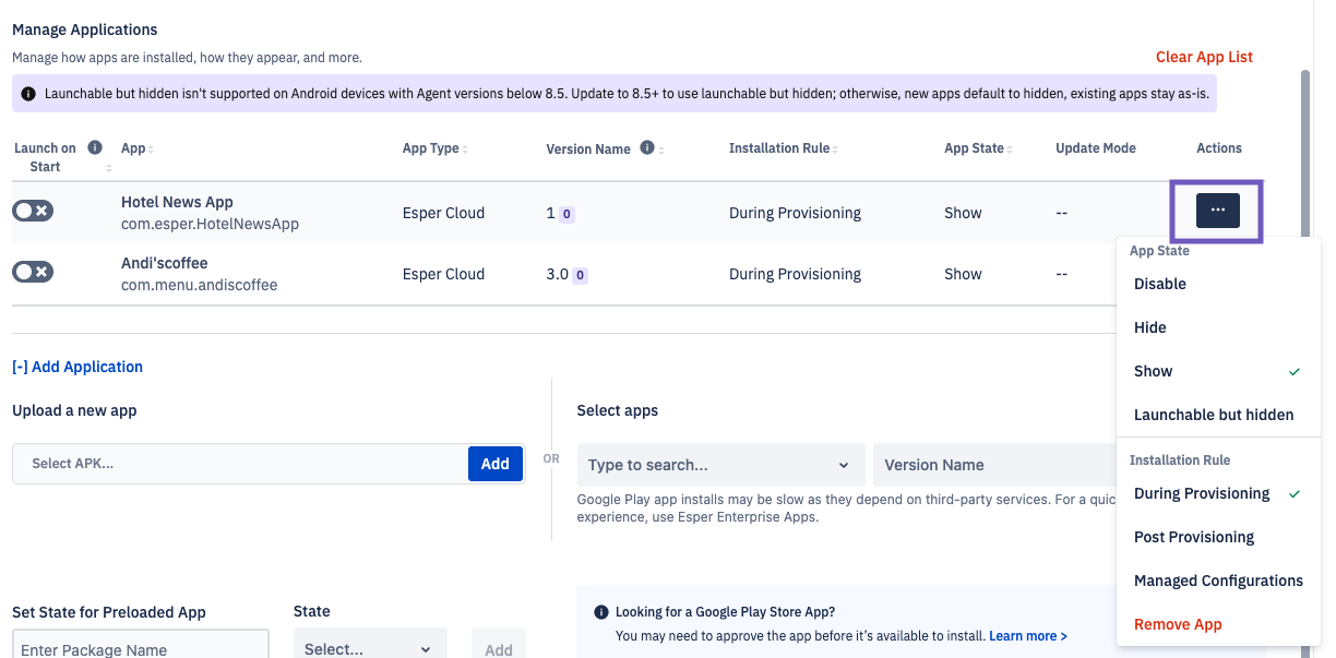 ellipsis button selected for hotel news app with app state and install rule displayed in the dropdown.png
