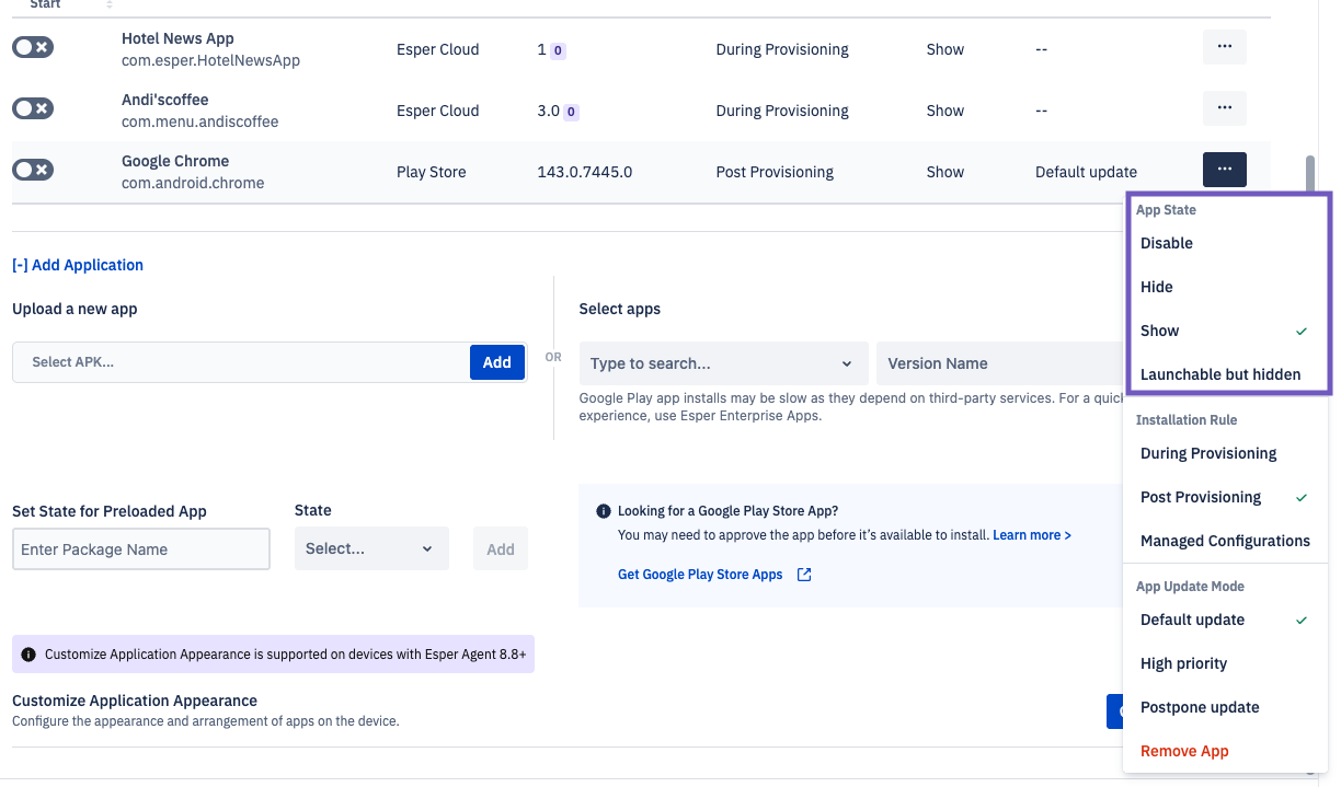 chrome selected from the ellipsis menu with app state highlighted showing disable, hide, show, and launchable but hidden. show is selected..png