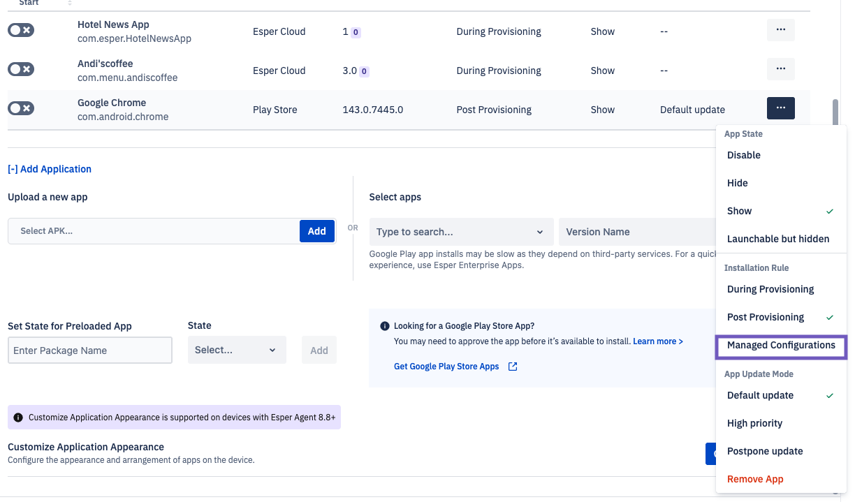 chrome selected. from its ellipsis menu, Managed Confgurations is selected.png