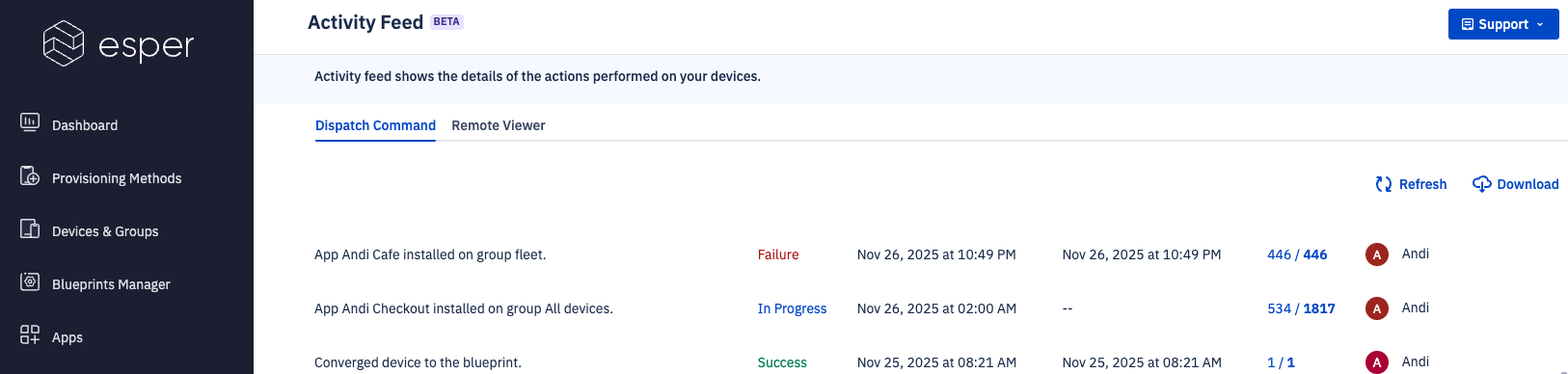 activity feed with app install progress showing failure, in progress.png