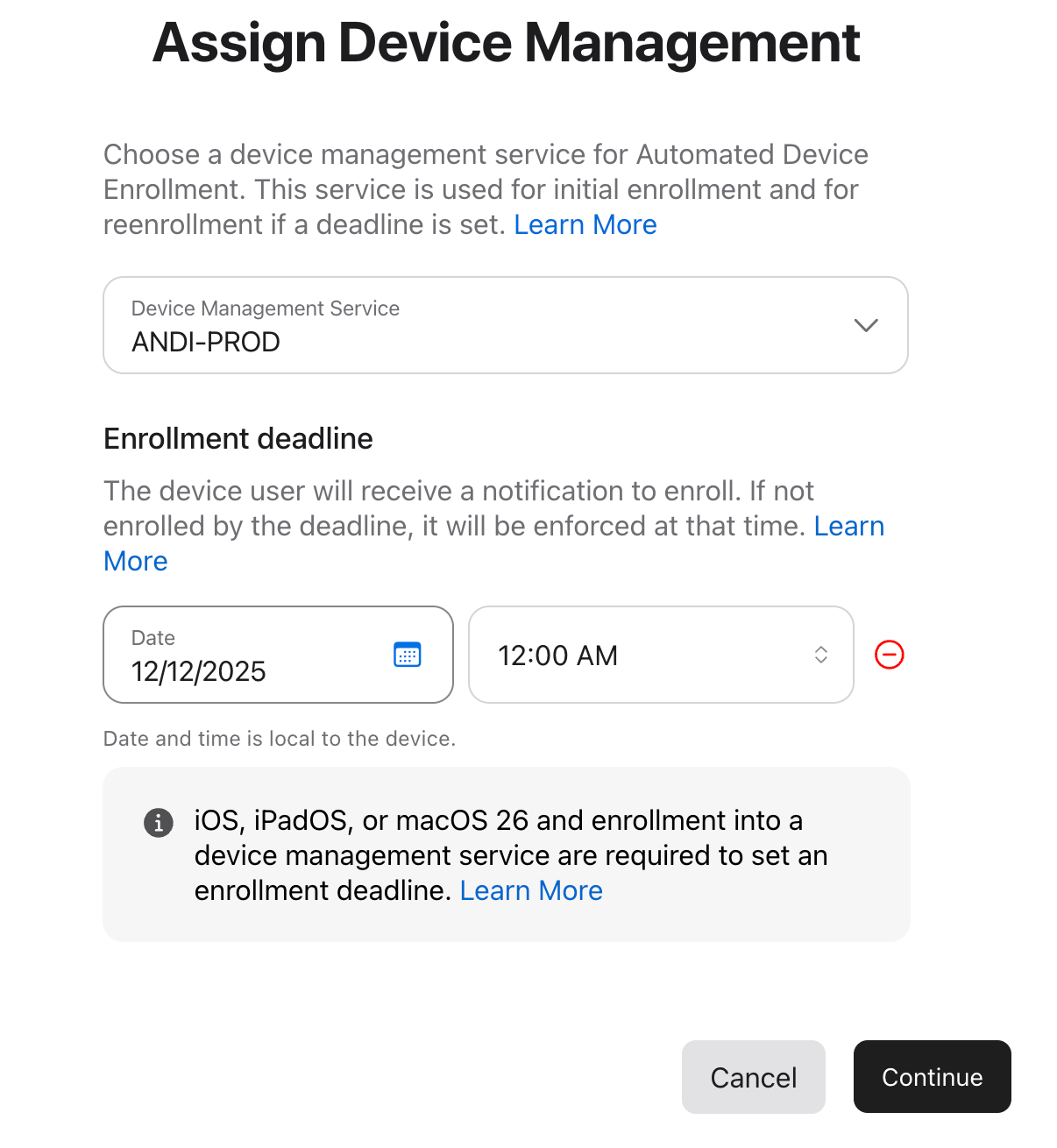 Enrollment deadline selection screen with options and a Continue button.
