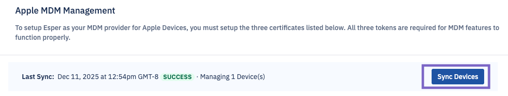 Esper Console Apple MDM Management page with the Sync Devices button highlighted.