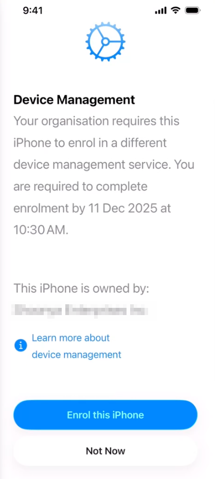 iOS enrollment prompt asking to enroll the device into the new MDM.