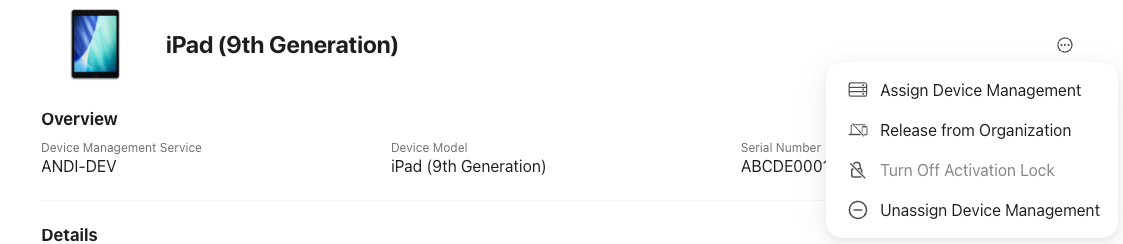 Apple Business Manager interface showing an iOS device assigned to a new Esper MDM tenant.