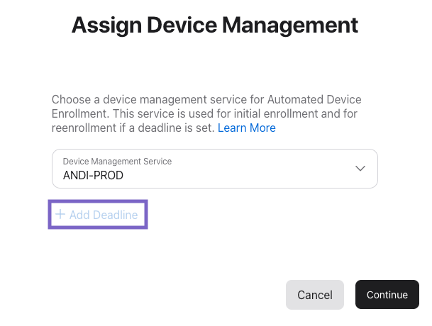 Add Deadline dialog for migrating iOS or iPadOS devices to a new MDM.