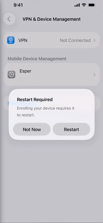 Device screen showing Start Enrollment option and Restart button.