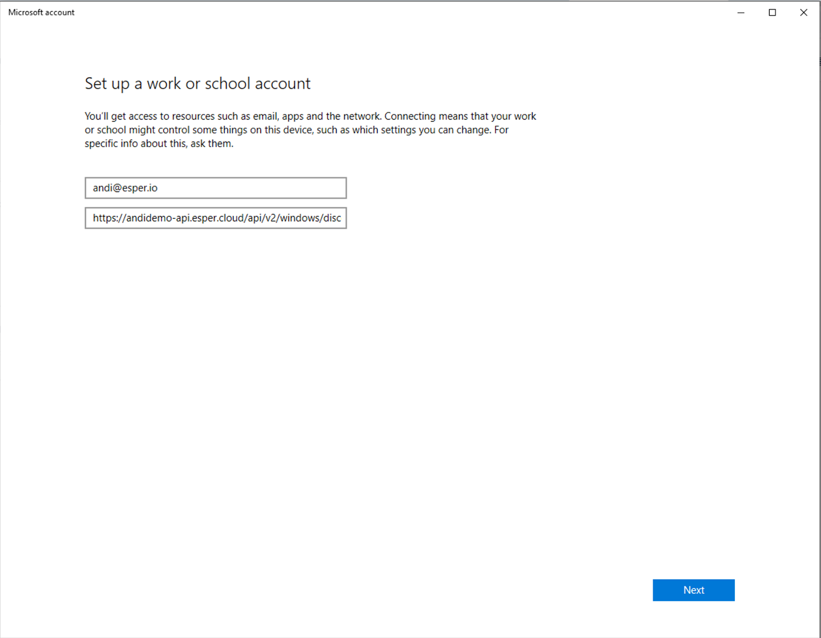 A Set up a work or school account Microsoft modal with the user's email and Esper API. 
