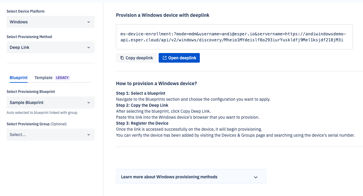 The Windows deep link provisioning screen. A deep link is generated and the two options are copy deeplink and open deeplink.