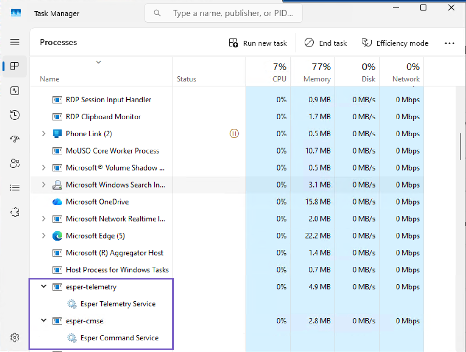 The Task Manager screen showing esper-telemetry and esper-cmse processes running.