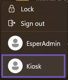 Kiosk highlighted from the device's "Choose user/account" screen.