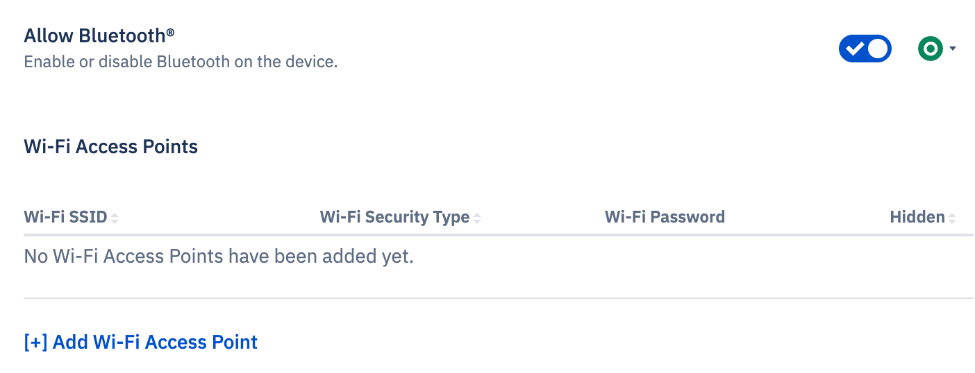Connectivity section with option to allow bluetooth and set wi-fi access points.