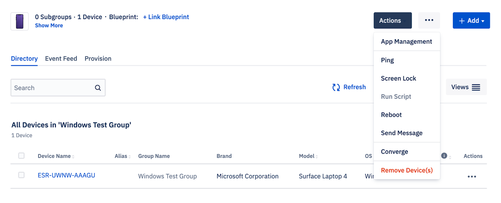 Screenshot of a device group’s Actions menu, highlighting the App Management option used to manage applications at the group level.