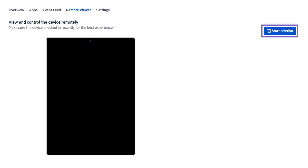 Screenshot of a Windows device details page showing the Remote Viewer section with a preview area and a Start session button.