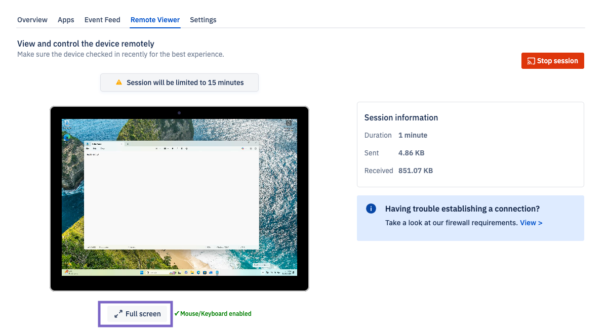 Screenshot of an active Remote Viewer session displaying the live screen of a Windows device inside the Esper console.
