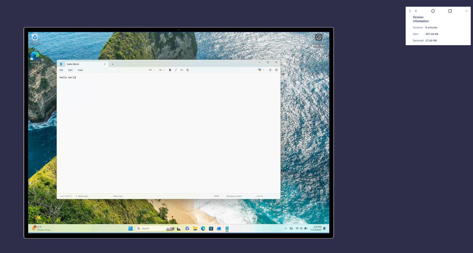 Screenshot of the remote Windows device displayed in full screen mode, showing the expanded device screen for easier interaction.