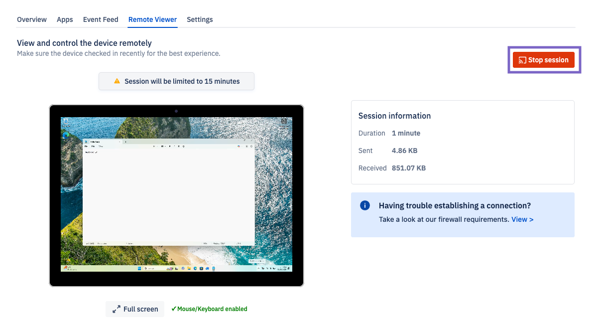 Screenshot of the Remote Viewer interface with the Stop session button visible, used to end an active remote viewing or control session.